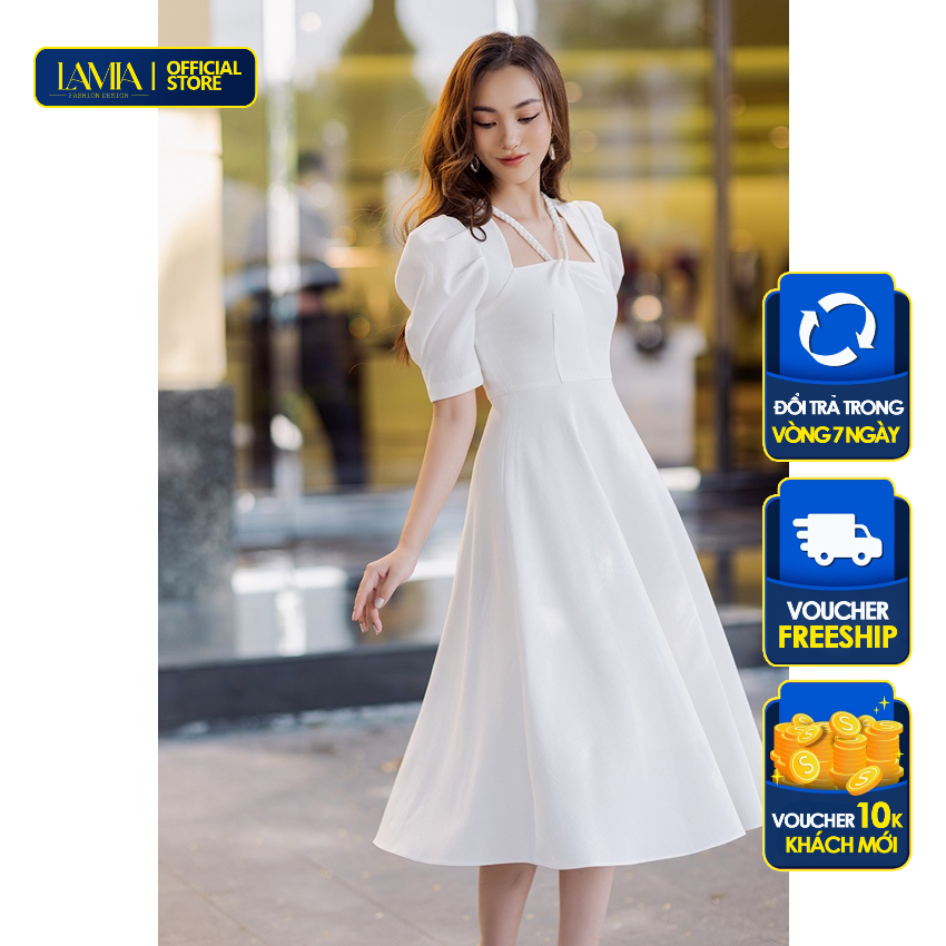 Đầm công sở Lamia Design LD146 màu trắng phối dây chéo đan thanh lịch