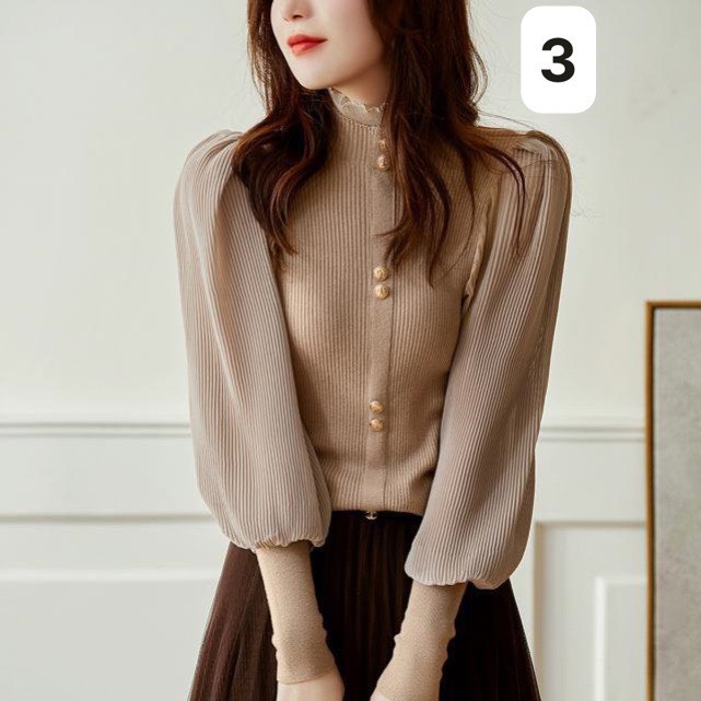 Áo Len Tăm Nâu Cam Cổ 3P Bồng Vai Tay Bo Cúc Mạ Cách Điệu