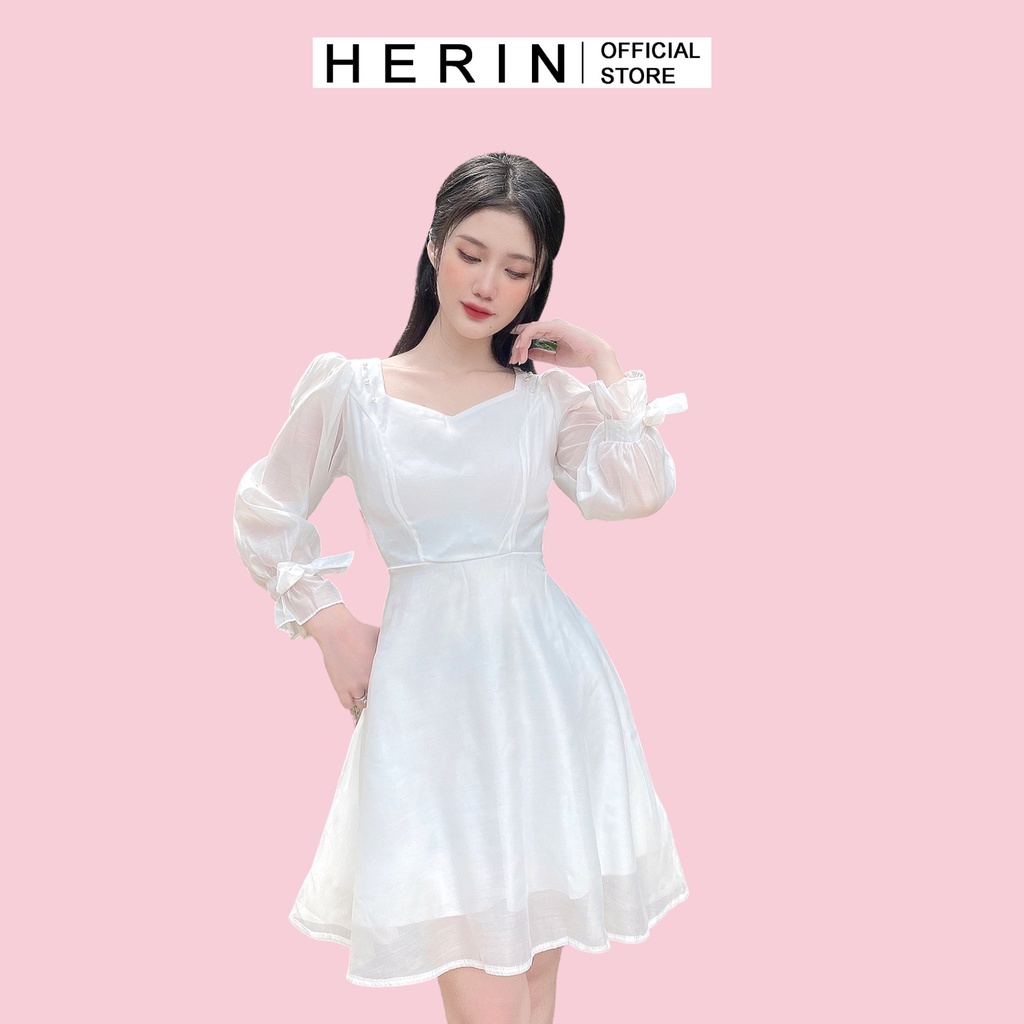 Đầm nữ trắng chụp kỷ yếu dáng xòe cổ vuông dự tiệc rất đẹp phối nút bọc tay nơ [6 TƠ KIẾNG]