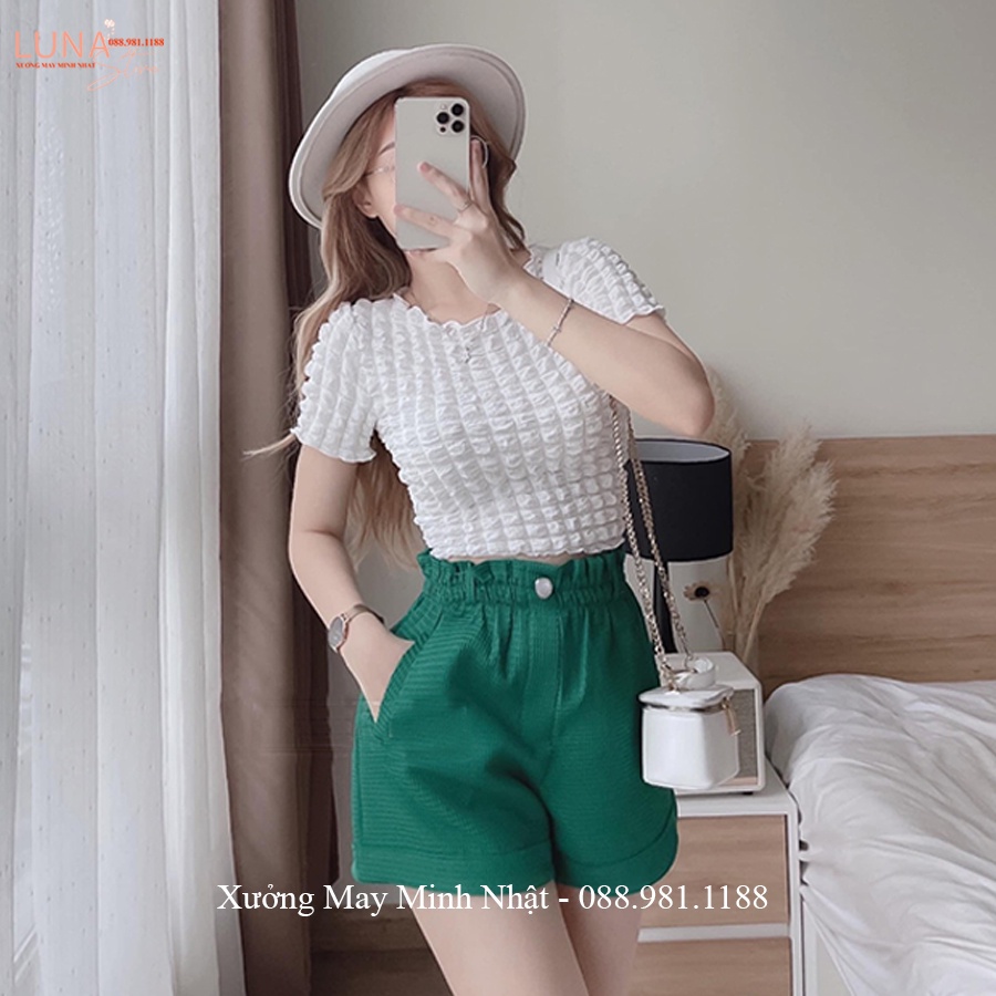 Quần đùi nữ mặc nhà lưng cao cạp chun thun co giãn dáng quần ngủ nữ vải xốp ong gập gấu đi biển chơi hẹn hò thể thao đẹp