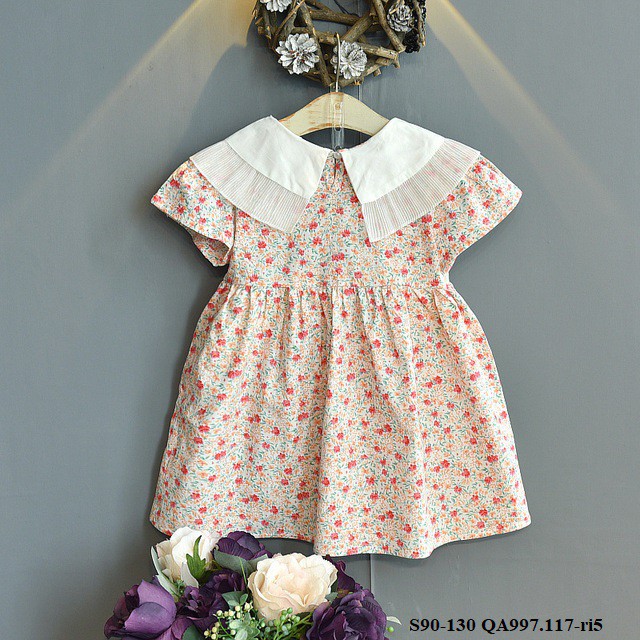 Váy hoa hồng cổ trắng QA997.117 đầm cổ ren trắng bé gái size  S90-130