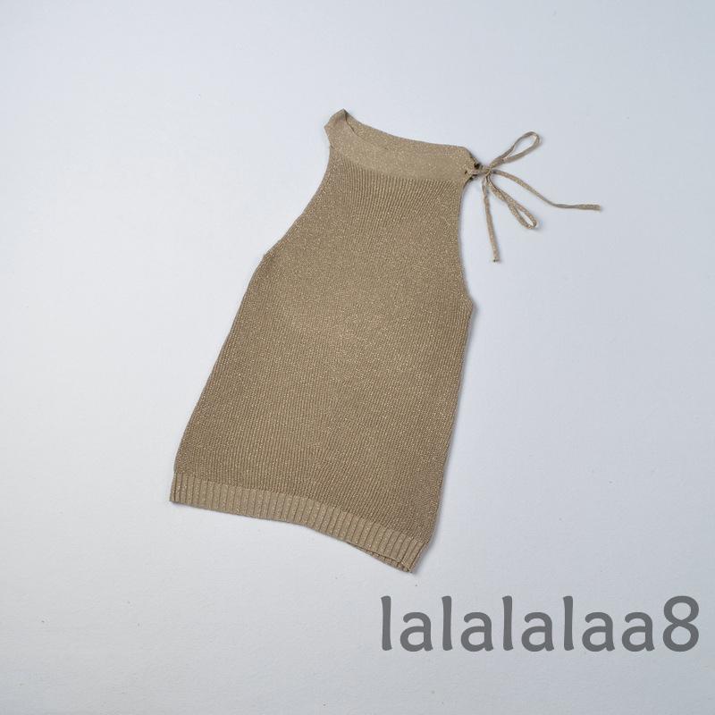 LAA8-YS-Women Leisure Style Solid Color Round Collar Off Shoulder Tie Up Slim Sleeveless Tank Top