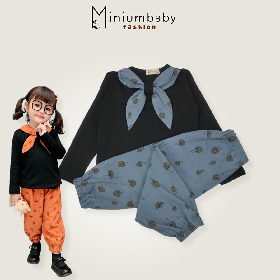 Bộ đồ dài tay quần dài thu đông cổ nơ xinh xắn cho bé gái chất 100% cotton cao cấp, quần áo trẻ em MiniumBaby