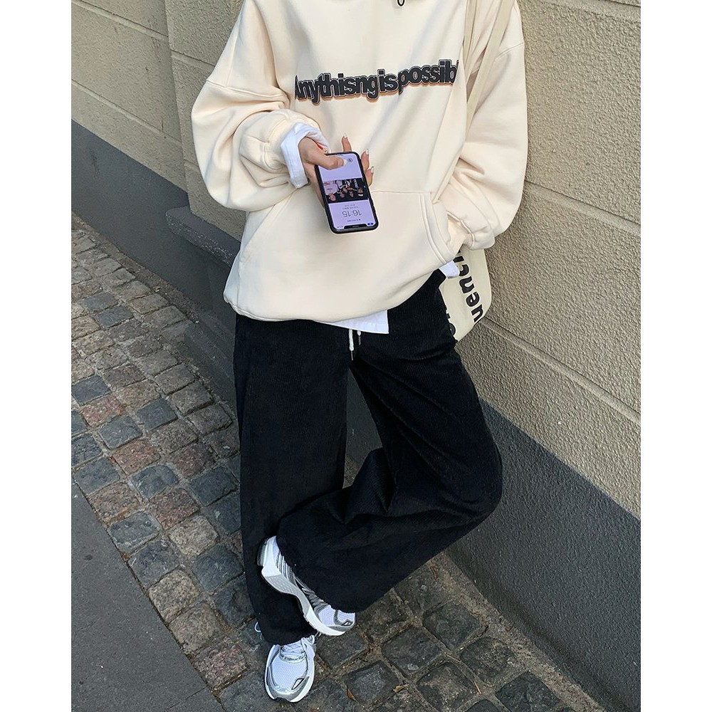 Quần Nhung Tăm Nữ Dây Rút - Rere.Store [FREESHIP] - Jogger dài form rộng dáng suông cạp chun Ulzzang