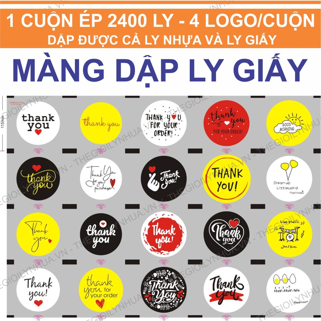 Màng dập cốc giấy, cuộn màng dập cốc giấy in sẵn 2400 logo, màng dập vừa dập cốc giấy vừa dập cốc nhựa mẫu ngẫu nhiên