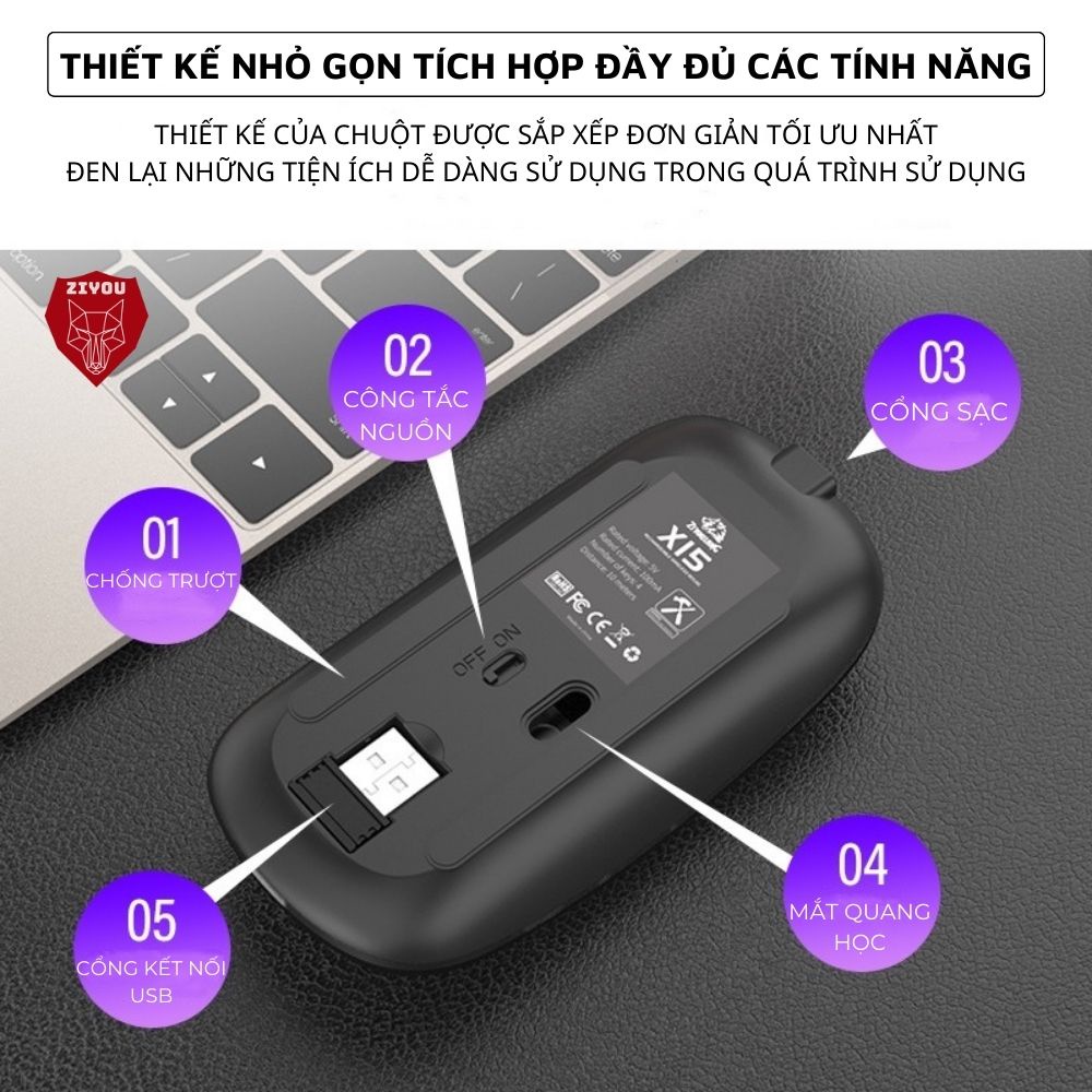 Chuột Không Dây Bluetooth Siêu Mỏng ZIYOU X15 Sử Dụng Pin Sạc Lithium, Có Led RGB, Kết Nối Đa Năng Máy Tính, Laptop, TV