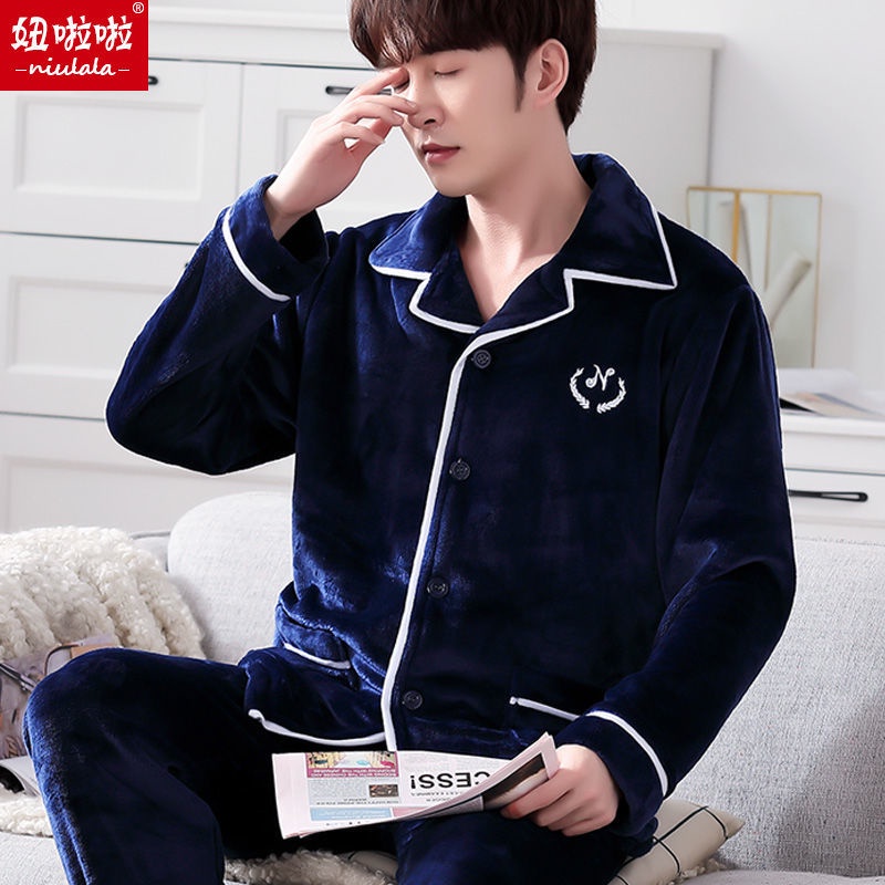 Bộ đồ ngủ tay dài chất nỉ lông cừu san hô dày dặn thời trang thu đông cho nam