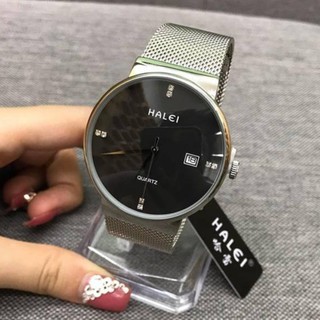 Đồng Hồ Nam Halei 8024 Dây Lụa Bạc Mặt Đen Cao Cấp