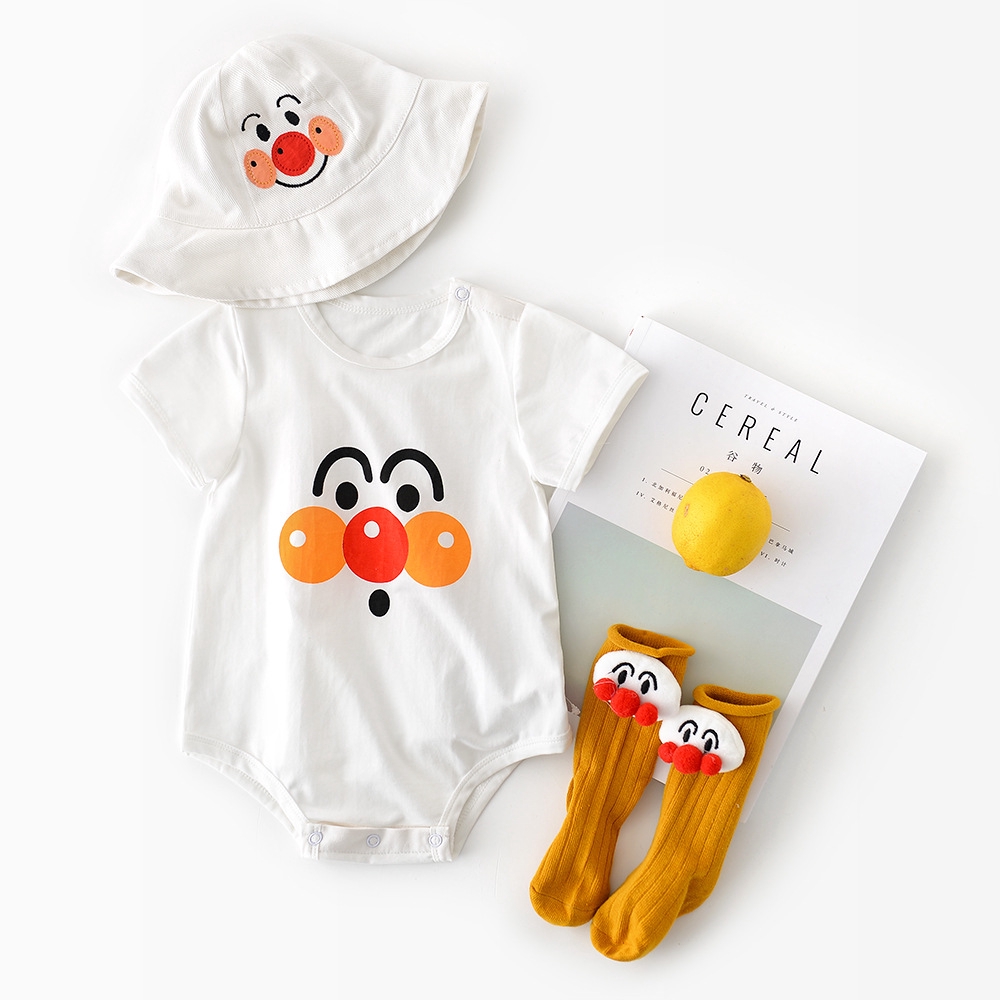 Set Đồ Liền Thân Tay Ngắn Họa Tiết Hoạt Hình Và Nón Cho Bé