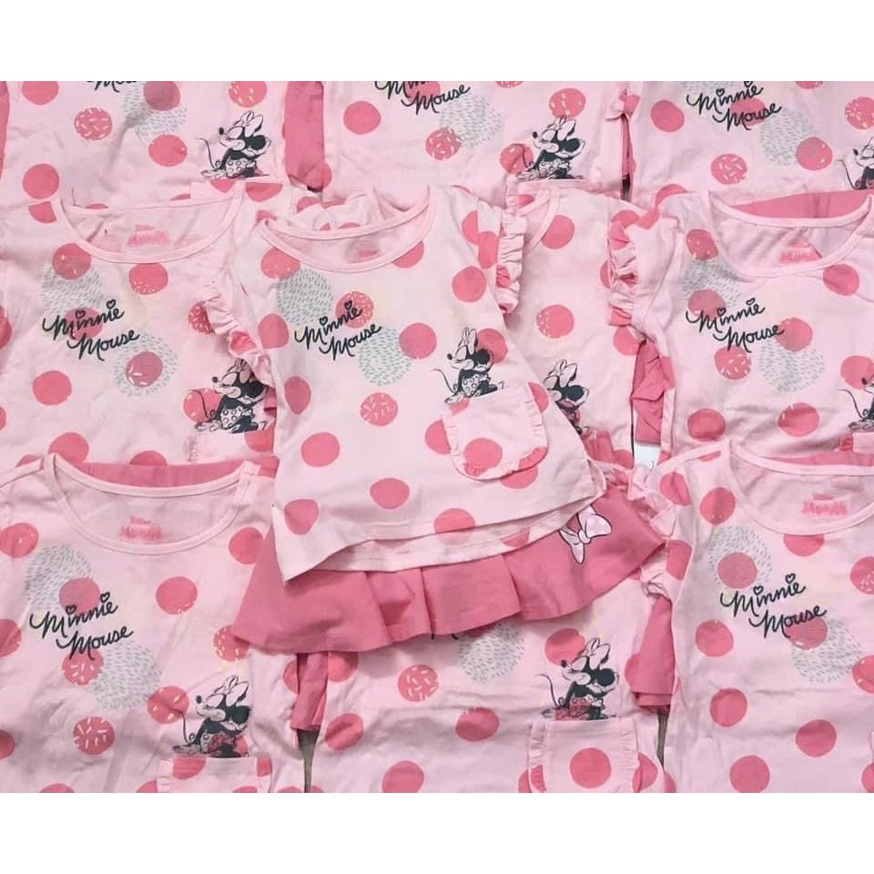 Bộ cotton chấm bi áo bèo tay + chân váy hồng cho bé gái