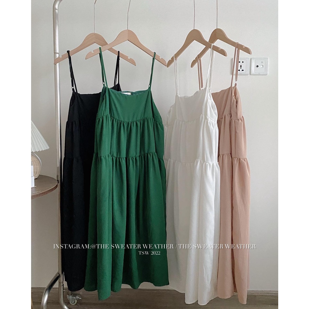 Váy Nữ Hai Dây Dáng Suông Xòe 3 Tầng Đầm Nữ 2 Dây Xanh Lá Hottrend Freesize Phong Cách Hàn Quốc