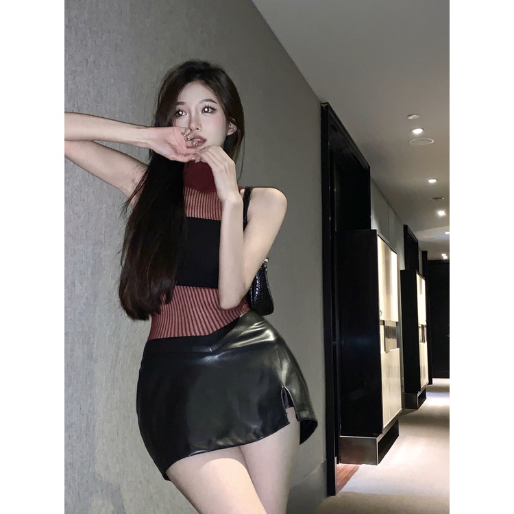 QADCOL  Áo Dệt Kim Hai Dây Cổ Lọ Phối Lưới Thời Trang Mùa Hè Quyến Rũ Cho Nữ