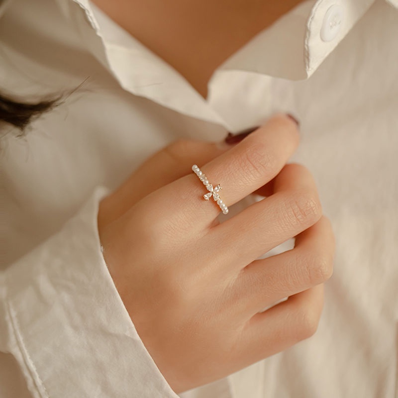 Nhẫn nữ ngọc trai thiết kế dạng hở mặt bông hoa xinh xắn nhẹ nhàng phong cách hàn quốc