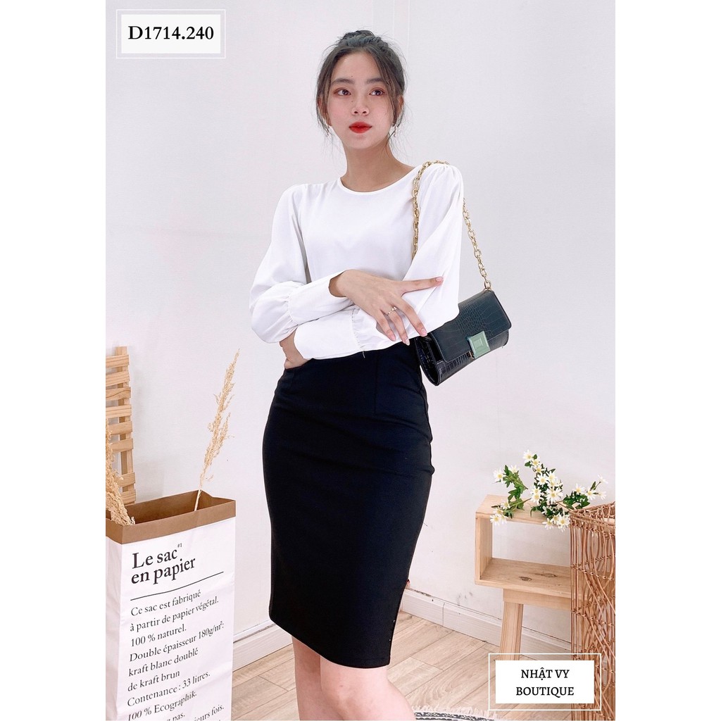 Áo Nữ NHẬT VY Cổ Tròn Đính Cúc Tay Dài Công Sở Chất Mango Màu Đen, Trắng, Nude  - D1714