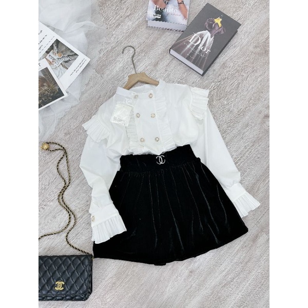 Chân váy công sở tặng áo sơ mi bèo, chân váy nhung đen xinh xắn.Set đồ nữ đẹp