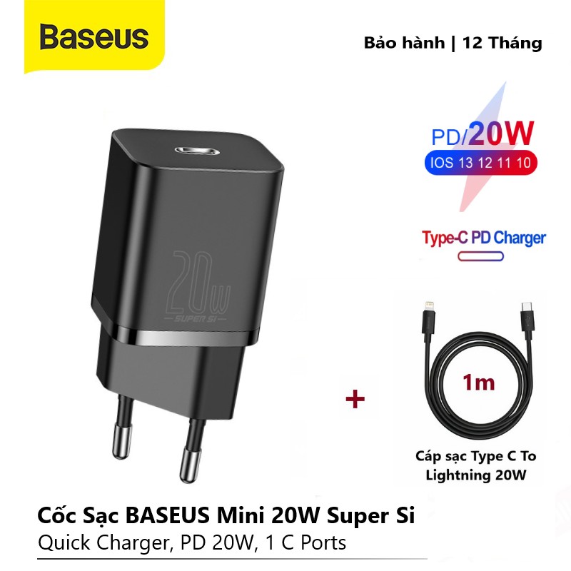 Củ Sạc Nhanh Baseus Super Si Mini USB C 20W, Hỗ Trợ QC3.0 PD sạc nhanh cho iphone 12/ dây sạc 20W