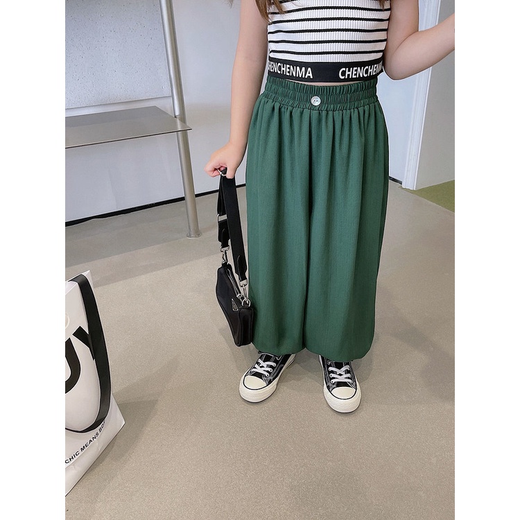 [Babycat] Hàng Có Sẵn Quần Ống Rộng Dài Đến Mắt Cá Thắt Lưng Co Giãn Màu Trơn Phong Cách Nhật Bản Hàn Quốc Thời Trang Mùa Hè Giản Dị Dành Cho Bé Gái