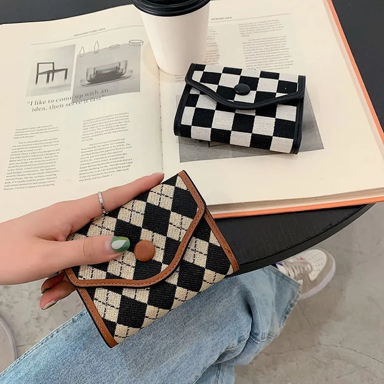 Ví Ngắn Kẻ Sọc Ca Rô Chất Liệu Canvas Phong Cách Retro kf051