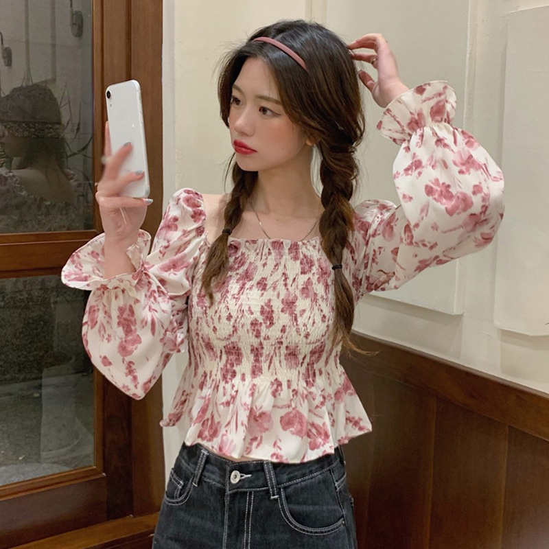 Áo Sơ Mi Chiffon Tay Dài Cổ Vuông In Hoa Ngọt Ngào Cho Nữ