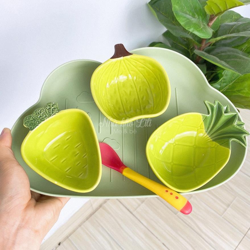 Set bát sứ ăn dặm cho bé dễ thương, bát ăn dặm size nhỏ kèm khay mây và muỗng silicon