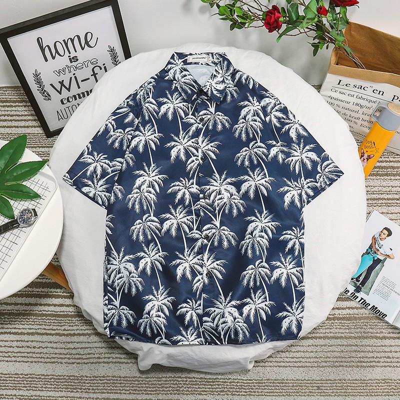 Men's fashion coconut tree print short-sleeved shirt