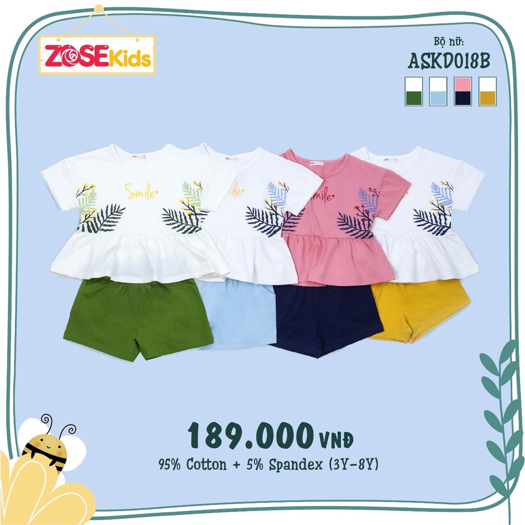 [CHÍNH HÃNG] Bộ quần đùi áo cộc bé gái họa tiết chiếc lá nhún eo ASKD018BTX Zose