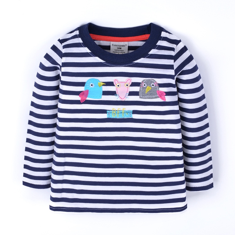 Mã 5283 áo thun sọc navy thêu đắp con vật của Funny game cho bé