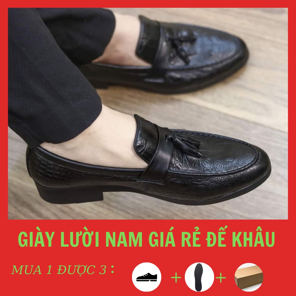 Giày Lười Da Nam - Giày Nam Sinh Viên - Đế Cao Su đúc  - Mã G02 Màu Đen - [Vân Cá Sấu Chuông].