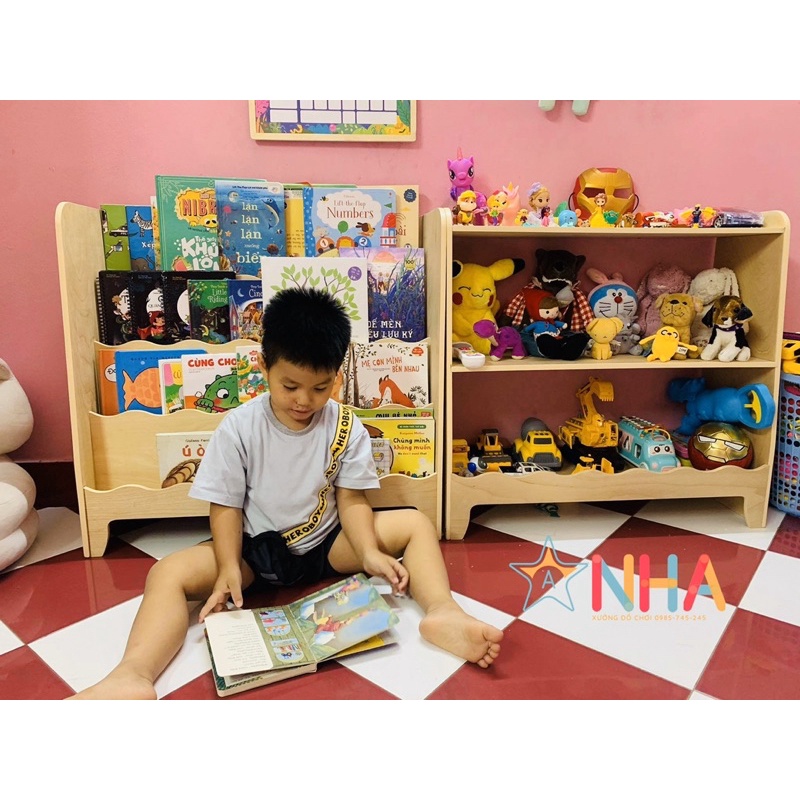 Kệ sách Montessori cho bé, kệ sách gỗ trẻ em, giá sách cho bé