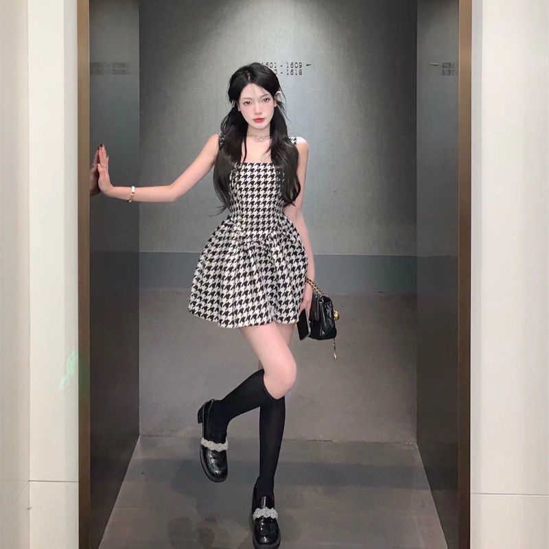 Summer 2022 new pure sexy spice girl sexy thousand grid bird suspender dress feminine waist puffy skirt