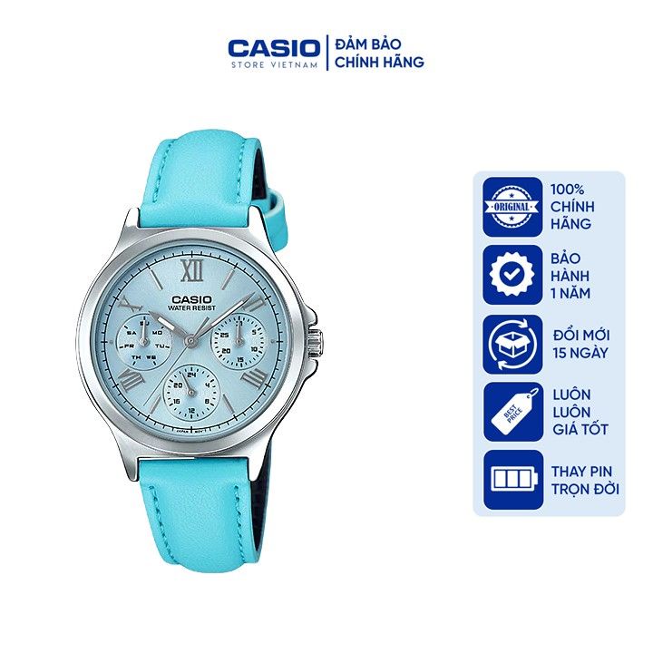 Đồng hồ Nữ Casio LTP-V300L-2A3, đồng hồ chính hãng, dây da xanh mặt xanh LA MÃ, 6 kim