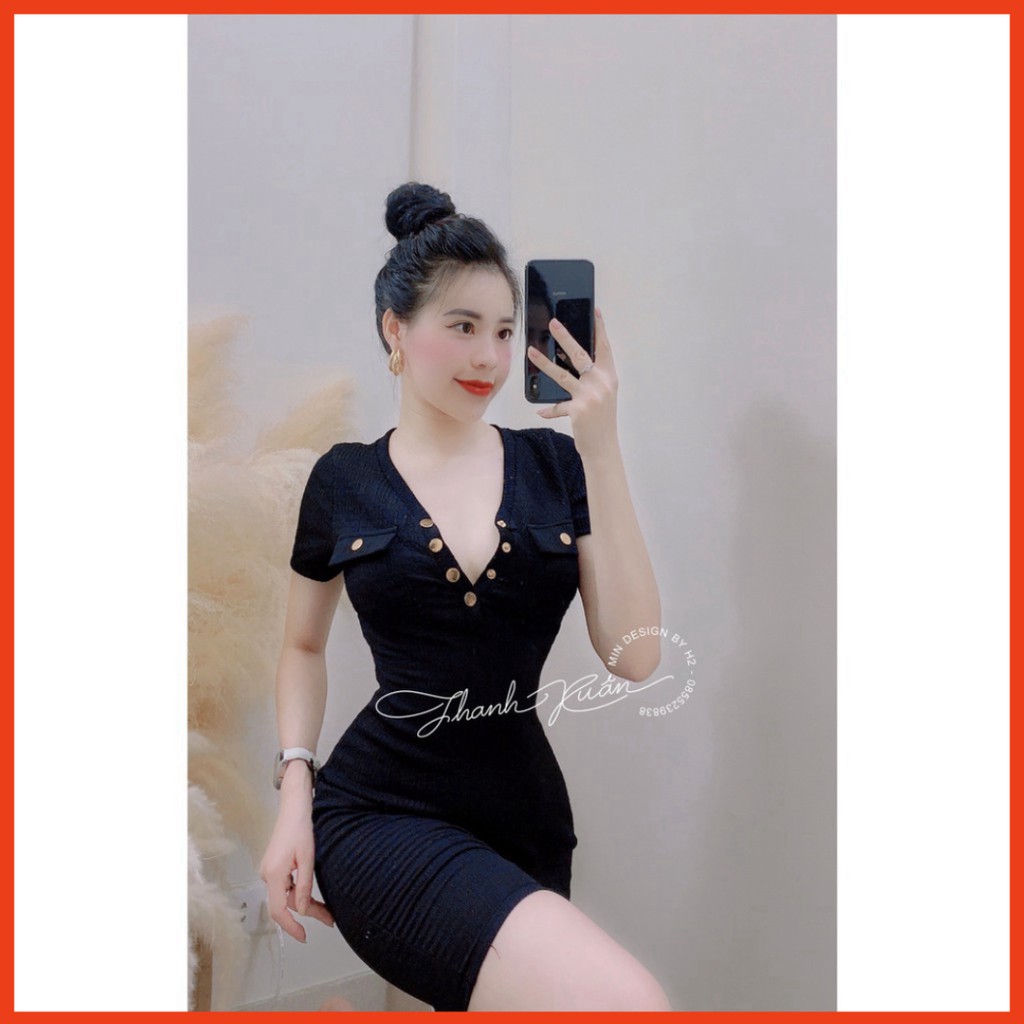 Sale Váy sốp body cúc túi hộp cổ v cực hot. siêu sinh