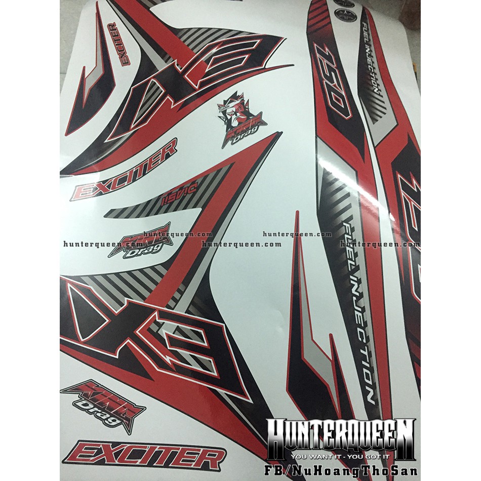 Tem Exciter 150. Tem rời, chữ EX sọc, dán xe đen mặt nạ đỏ. Xe màu khác vui lòng inbox