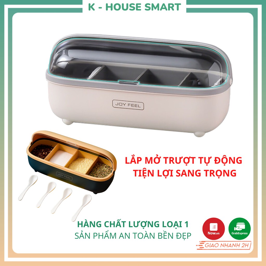 Hộp đựng gia vị 4 ngăn nắp mở trượt kín chắc chắn, lọ đựng gia vị nhà bếp đẹp tiện lợi