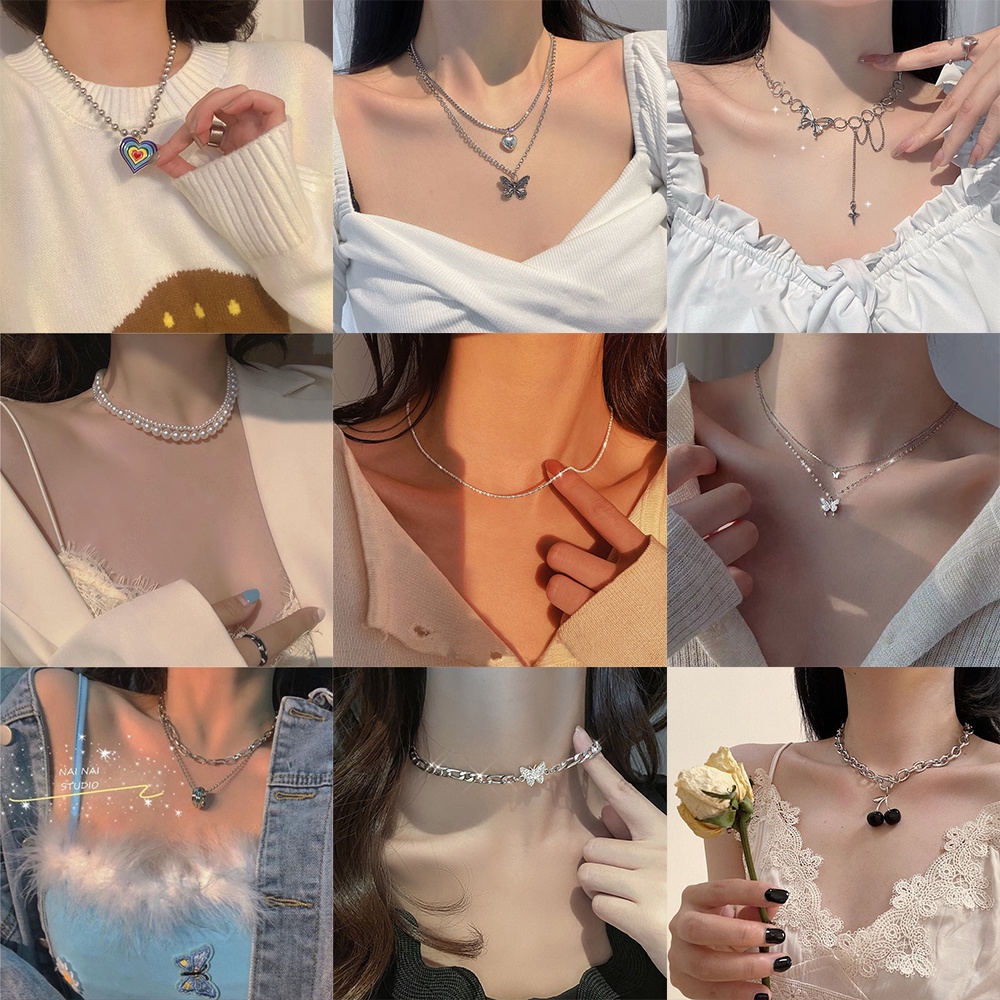 Vòng cổ choker dạng xích gắn hình trái tim/bướm/trăng/sao đính ngọc trai kiểu Hàn Quốc