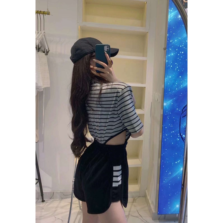 ☽☃ Áo Croptop liền thân bodysuit kẻ cộc tay cổ V cá tính ALT18 | BigBuy360 - bigbuy360.vn