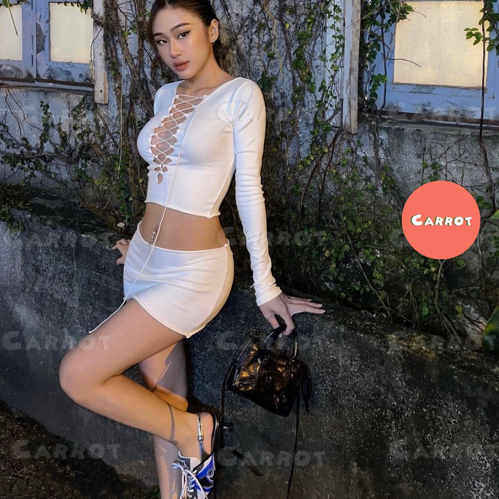 Áo croptop tay dài thiết kế dây chéo ôm ngực chân váy ngắn ôm body sexy thun cao cấp co giãn carroxinhdep (118)