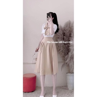 Set áo viền nơ + chân váy ly dài