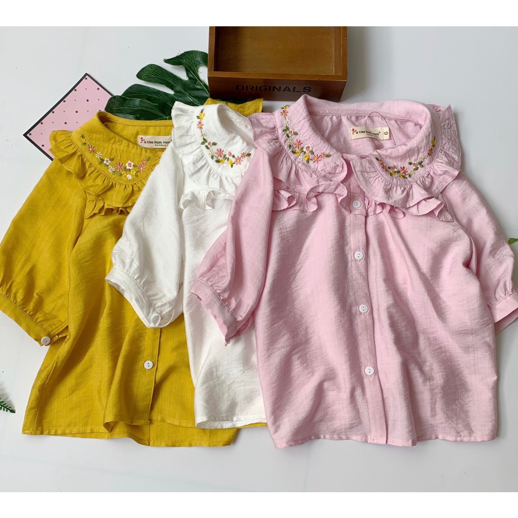 Áo sơ mi bé gái 6-12 tuổi tay lỡ thêu hoa, Sơ mi trắng cho bé vải thô đũi mềm mát