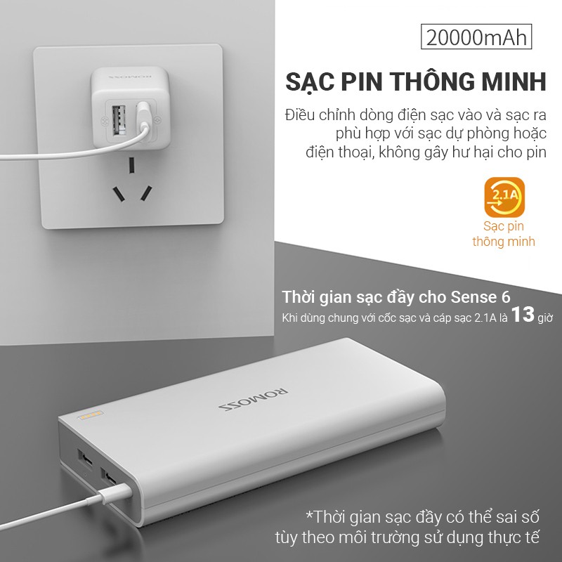 Pin sạc dự phòng 20000mAh Romoss Sense 6 hỗ trợ sạc nhanh tốc độ 2.1A, 1 cổng sạc vào, 2 cổng sạc ra, dung lượng pin lớn