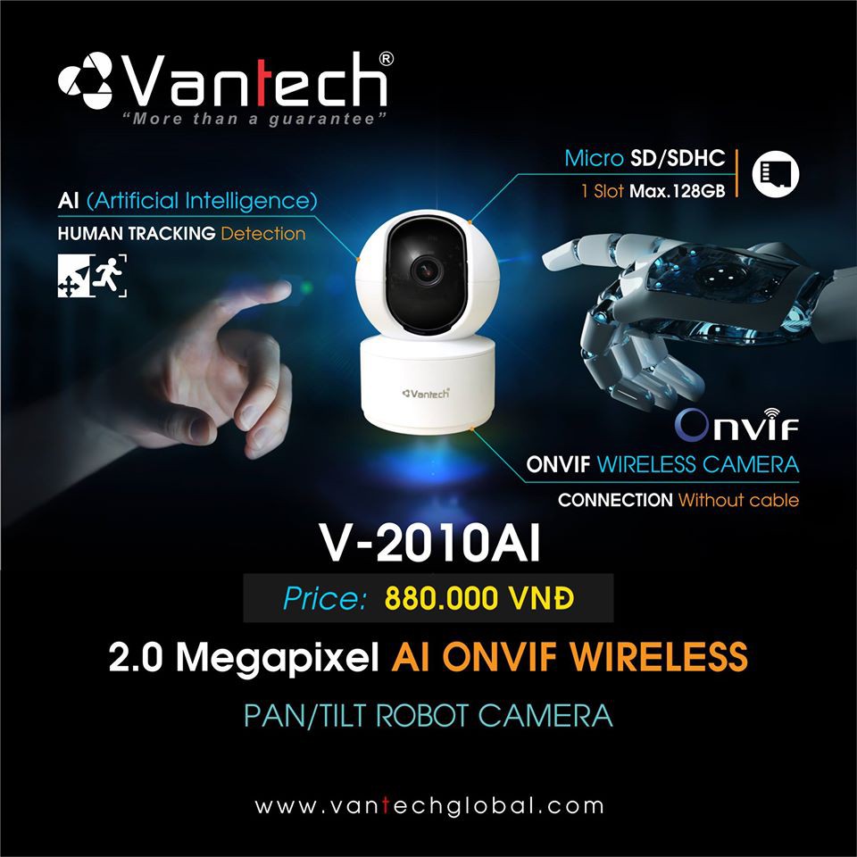 Camera Wifi Vantech AI-V2010B full HD 3.0 Megapixel, đàm thoại 2 chiều, phát hiện chuyển động(kèm thẻ nhớ 32gb)