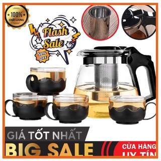[ THANH LÝ] Bộ Bình Lọc Trà Thủy Tinh Kèm 4 Ly Lưới Lọc Inox Giữ Nhiệt Tốt
