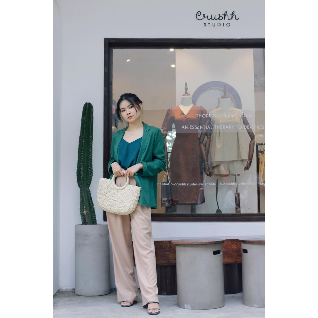 Áo vest nữ blazer KHÀN chất liệu linen màu xanh lá tay dài 1 lớp thời trang công sở Hàn Quốc | BigBuy360 - bigbuy360.vn