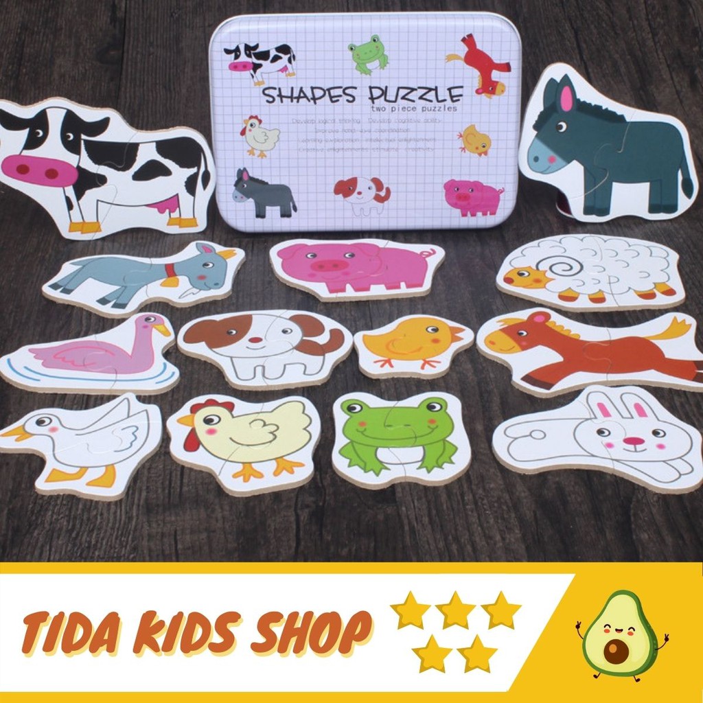 Đồ Chơi Xếp Hình Gỗ Shape Puzzle, Ghép Hình 2 Mảnh Nhiều Chủ Đề, Hộp Thiếc Giá Tốt ❤️ Freeship ❤️ TiDa Kids Shop