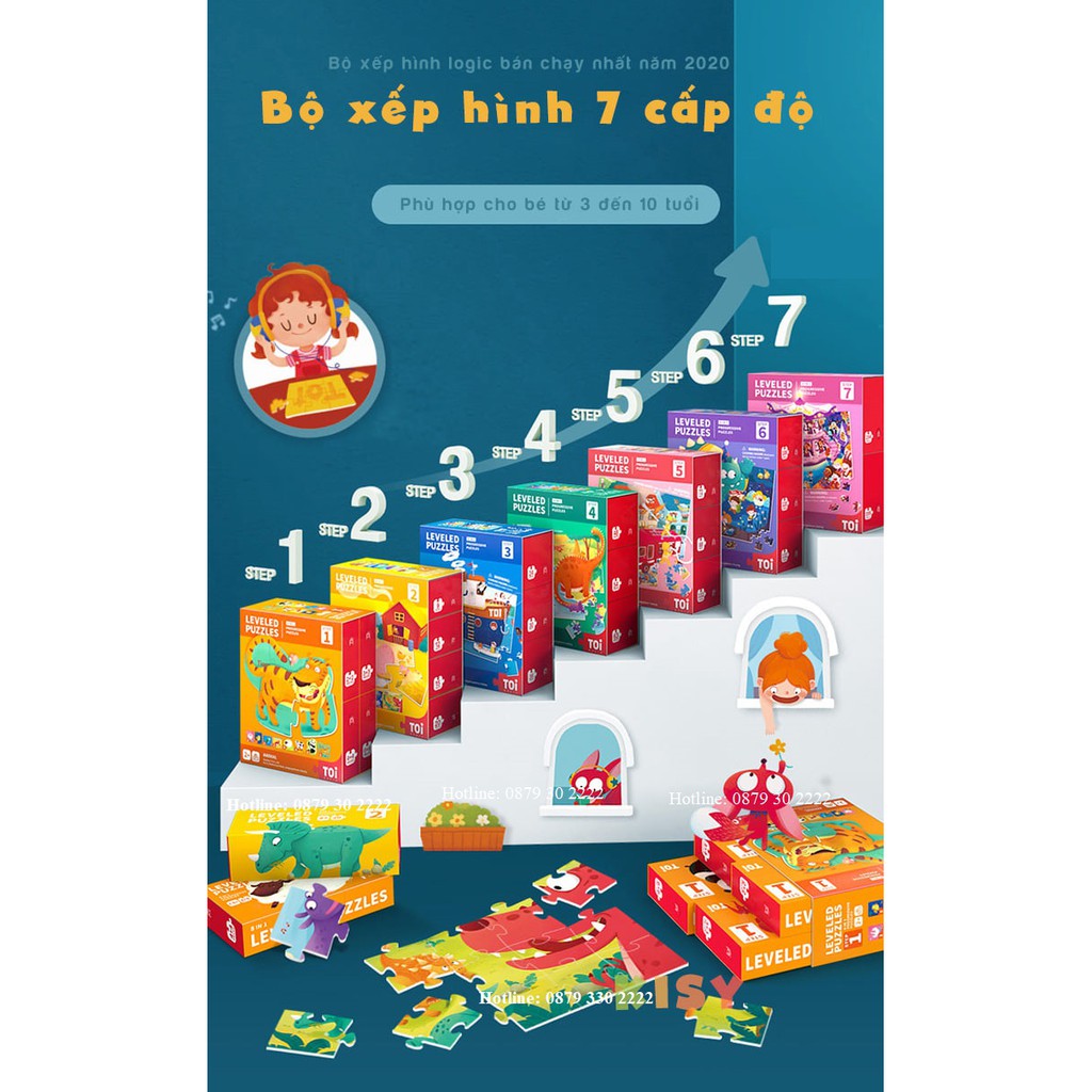 BỘ XẾP HÌNH 7 CẤP ĐỘ TỪ DỄ ĐẾN KHÓ CHO BÉ 1- 8 TUỔI - TOI LEVELED PUZZLE