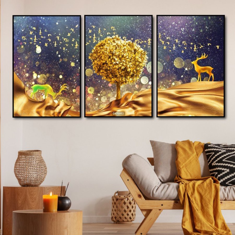 Tranh treo tường canvas phong thủy hươu hoa tài lộc decor trang trí phòng khách phòng ngủ có khung cao cấp khổ lớn 40x60