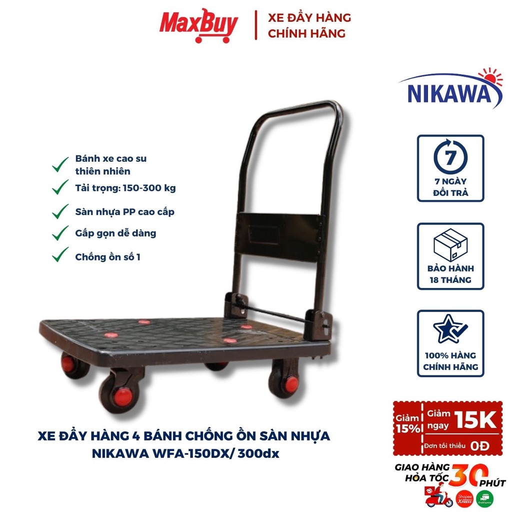 Xe đẩy hàng kéo hàng 4 bánh cao su chống ồn gấp gọn Nikawa WFA-300DX, tải trọng 300kg, giao hỏa tốc Hà Nội