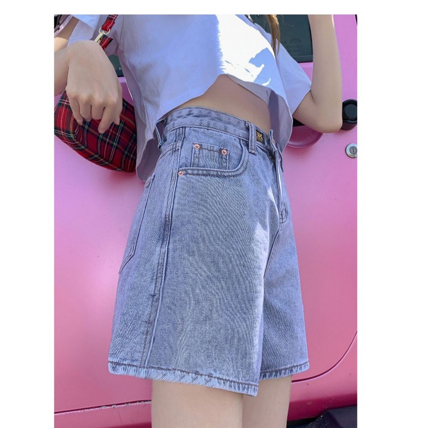 Quần short jeans nữ SUNNNY cạp cao ống rộng sẻ gấu 3 màu xanh be đen