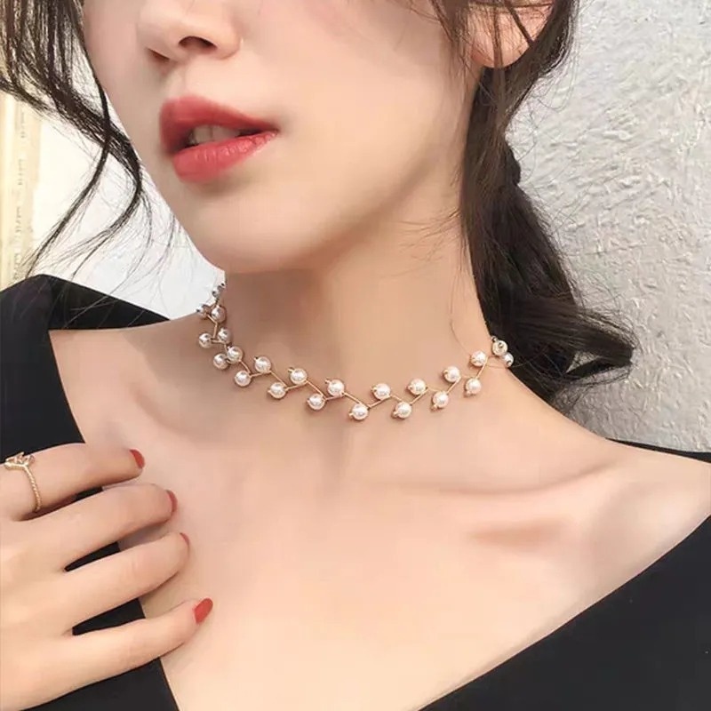 Vòng cổ Đính Đá Ngọc Trai Nhân Tạo Thời Trang