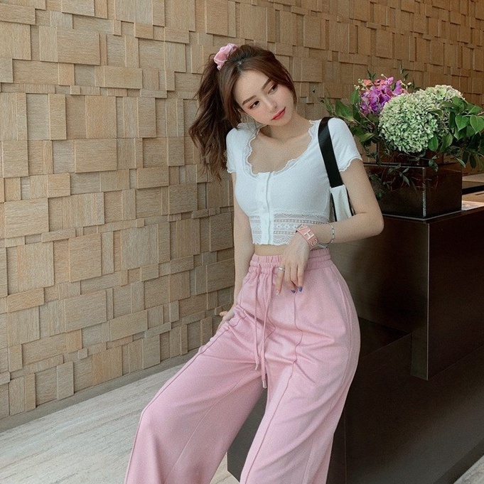 Porozi  Áo Thun Tay Ngắn Phối Ren Phong Cách Hàn Quốc